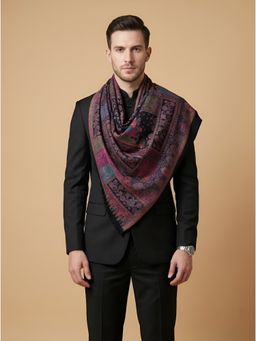 MUFFLY - Men Kani Weave Mughal Architecture Floral Garden Woven Wool Blend Black Stole
