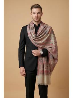 MUFFLY - Men Kani Weave Mughal Architecture Floral Garden Woven Wool Blend Beige Stole
