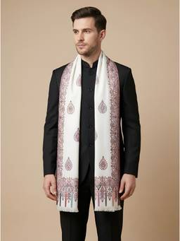MUFFLY - Men All-Over Woven Paisley Wool Blend White Stole