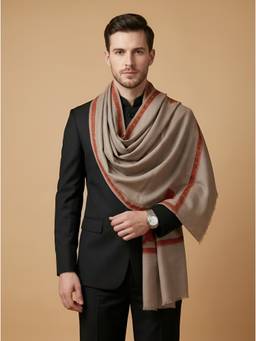 MUFFLY - Men Wool Blend Minimal Woven Border Work Beige Stole