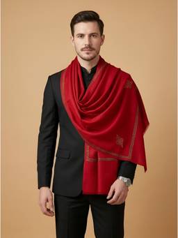 MUFFLY - Men Wool Blend Minimal Woven Border Work Red Stole