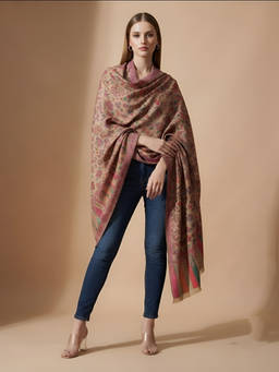 MUFFLY - Women Kani Weave Kashmiri Floral Jaal Wool Blend Beige Stole