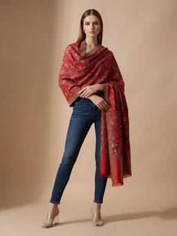 MUFFLY - Women Kani Weave Kashmiri Floral Jaal Wool Blend Red Stole