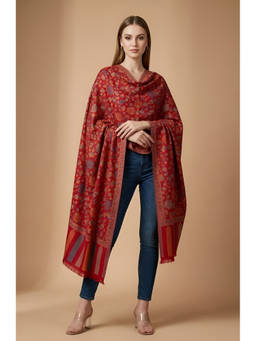 MUFFLY - Women Kani All Over Woven Floral Wool Blend Red Stole