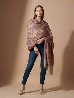 MUFFLY - Women Kani Weave Mughal Architecture Floral Garden Woven Wool Blend Stole