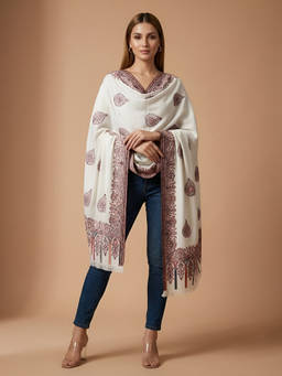 MUFFLY - Women All-Over Woven Paisley Wool Blend White Stole