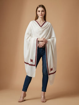 MUFFLY - Women Wool Blend Minimal Woven Border Work White Stole
