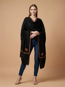 MUFFLY - Women Wool Blend Minimal Woven Border Work Black Stole