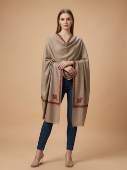 MUFFLY - Women Wool Blend Minimal Woven Border Work Beige Stole