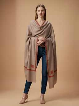 MUFFLY - Women Wool Blend Minimal Woven Border Work Taupe Stole