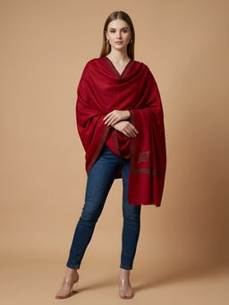 MUFFLY - Women Wool Blend Minimal Woven Border Work Red Stole