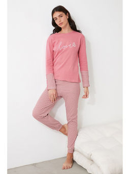 Trendyol - Love Slogan Pink Stripe Pyjamas (Set of 2)