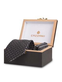 CAZZANO - Microfiber Black Geometric Tie with Pocket Square