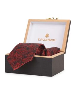 CAZZANO - Microfiber Red Floral Tie with Pocket Square