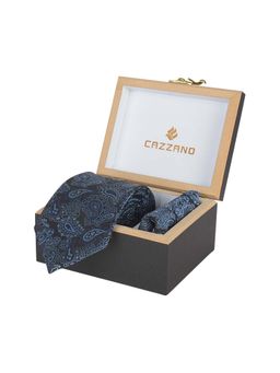 CAZZANO - Microfiber Navy Blue Floral Tie with Pocket Square