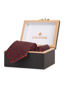 CAZZANO - Microfiber Red Checks Tie with Pocket Square