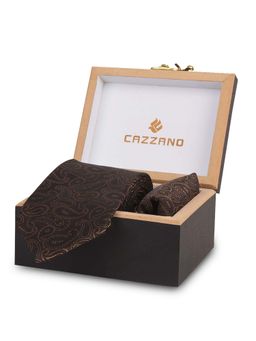 CAZZANO - Microfiber Brown Floral Tie with Pocket Square
