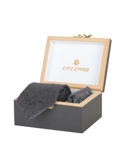 CAZZANO - Microfiber Black Floral Tie with Pocket Square