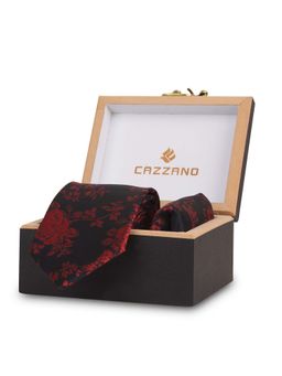 CAZZANO - Microfiber Black Floral Tie with Pocket Square