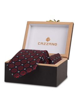 CAZZANO - Microfiber Red Printed Tie with Pocket Square