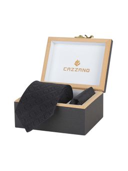 CAZZANO - Microfiber Black Printed Tie with Pocket Square