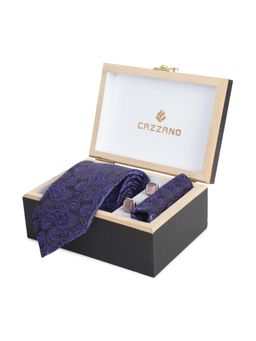 CAZZANO - Microfiber Purple Floral Tie With Pocket Square & Cufflinks
