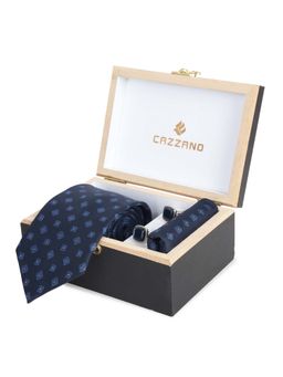 CAZZANO - Microfiber Blue Printed Tie With Pocket Square & Cufflinks