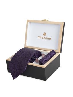 CAZZANO - Microfiber Purple Floral Tie With Pocket Square & Cufflinks