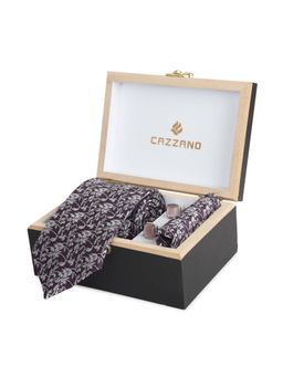 CAZZANO - Microfiber Purple Floral Tie With Pocket Square & Cufflinks