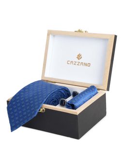 CAZZANO - Microfiber Blue Geometric Tie With Pocket Square & Cufflinks