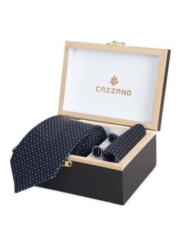 CAZZANO - Microfiber Navy Blue Polka Dots Tie With Pocket Square & Cufflinks