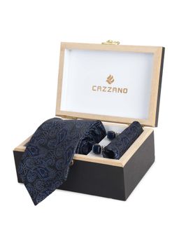 CAZZANO - Microfiber Navy Blue Printed Tie With Pocket Square & Cufflinks