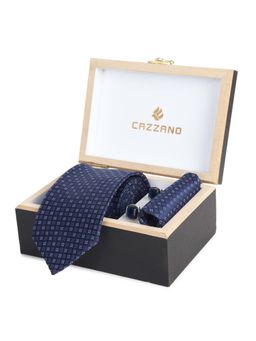 CAZZANO - Microfiber Blue Printed Tie With Pocket Square & Cufflinks