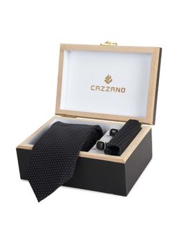 CAZZANO - Microfiber Black Polka Dots Tie With Pocket Square & Cufflinks