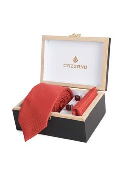 CAZZANO - Microfiber Red Printed Tie With Pocket Square & Cufflinks