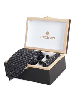 CAZZANO - Microfiber Black Geometric Tie With Pocket Square & Cufflinks