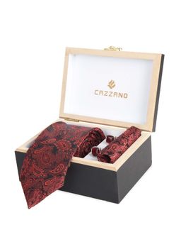 CAZZANO - Microfiber Red Floral Tie With Pocket Square & Cufflinks
