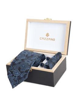 CAZZANO - Microfiber Blue Floral Tie With Pocket Square & Cufflinks