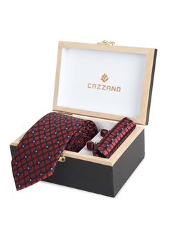 CAZZANO - Microfiber Red Checks Tie With Pocket Square & Cufflinks