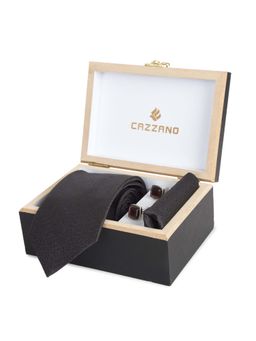 CAZZANO - Microfiber Black Solid Tie With Pocket Square & Cufflinks