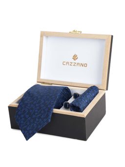 CAZZANO - Microfiber Blue Floral Tie With Pocket Square & Cufflinks