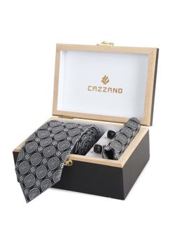 CAZZANO - Microfiber Grey Printed Tie With Pocket Square & Cufflinks