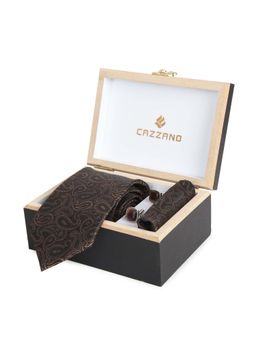 CAZZANO - Microfiber Brown Floral Tie With Pocket Square & Cufflinks