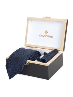CAZZANO - Microfiber Black Floral Tie With Pocket Square & Cufflinks