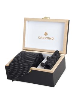 CAZZANO - Microfiber Black Polka Dots Tie With Pocket Square & Cufflinks