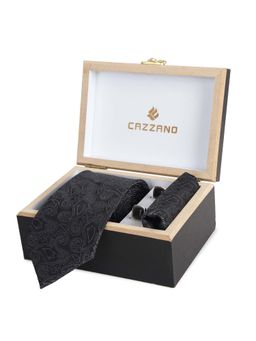 CAZZANO - Microfiber Grey Floral Tie With Pocket Square & Cufflinks