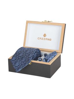 CAZZANO - Microfiber Navy Blue Floral Tie With Pocket Square & Cufflinks