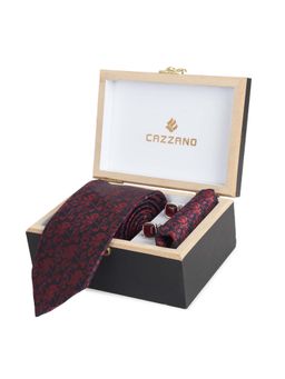 CAZZANO - Microfiber Red Floral Tie With Pocket Square & Cufflinks
