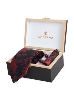 CAZZANO - Microfiber Black Floral Tie With Pocket Square & Cufflinks