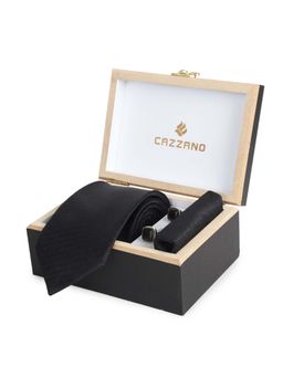 CAZZANO - Microfiber Black Textured Tie With Pocket Square & Cufflinks